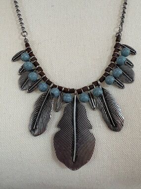 Boho Silver Feather Necklace with Blue Bead Accents